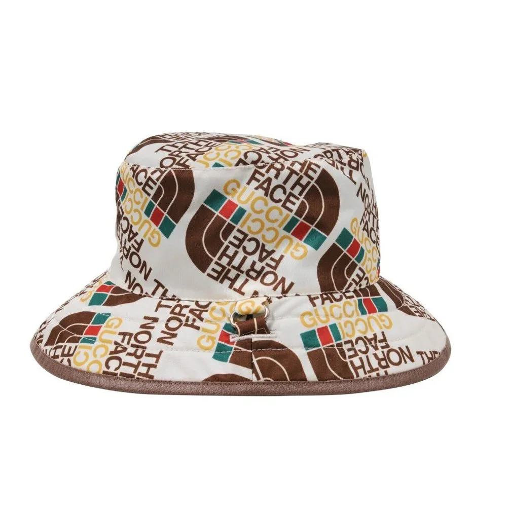 Gucci Mens The North Face All Over Logo Bucket Hat White Brown Nylon Adjustable - Picture 3 of 9